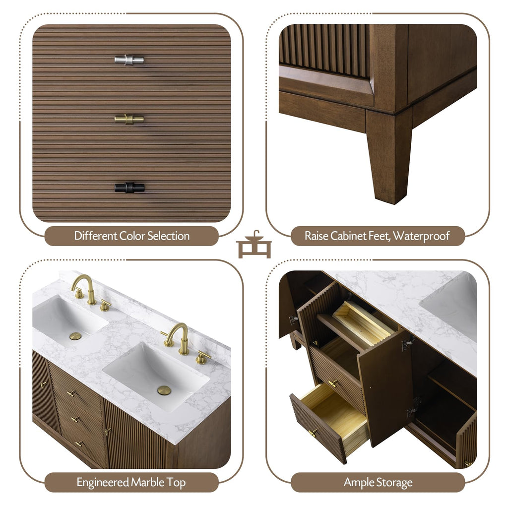 Vanity Art 72" Bathroom Vanity with Double Sink & Arabescato White Engineered Stone Top, Vanity Cabinet with Soft Closing Door, Solid Wood Frame, Golden Brushed Handles, Walnut VA8172D-Walnut-GB