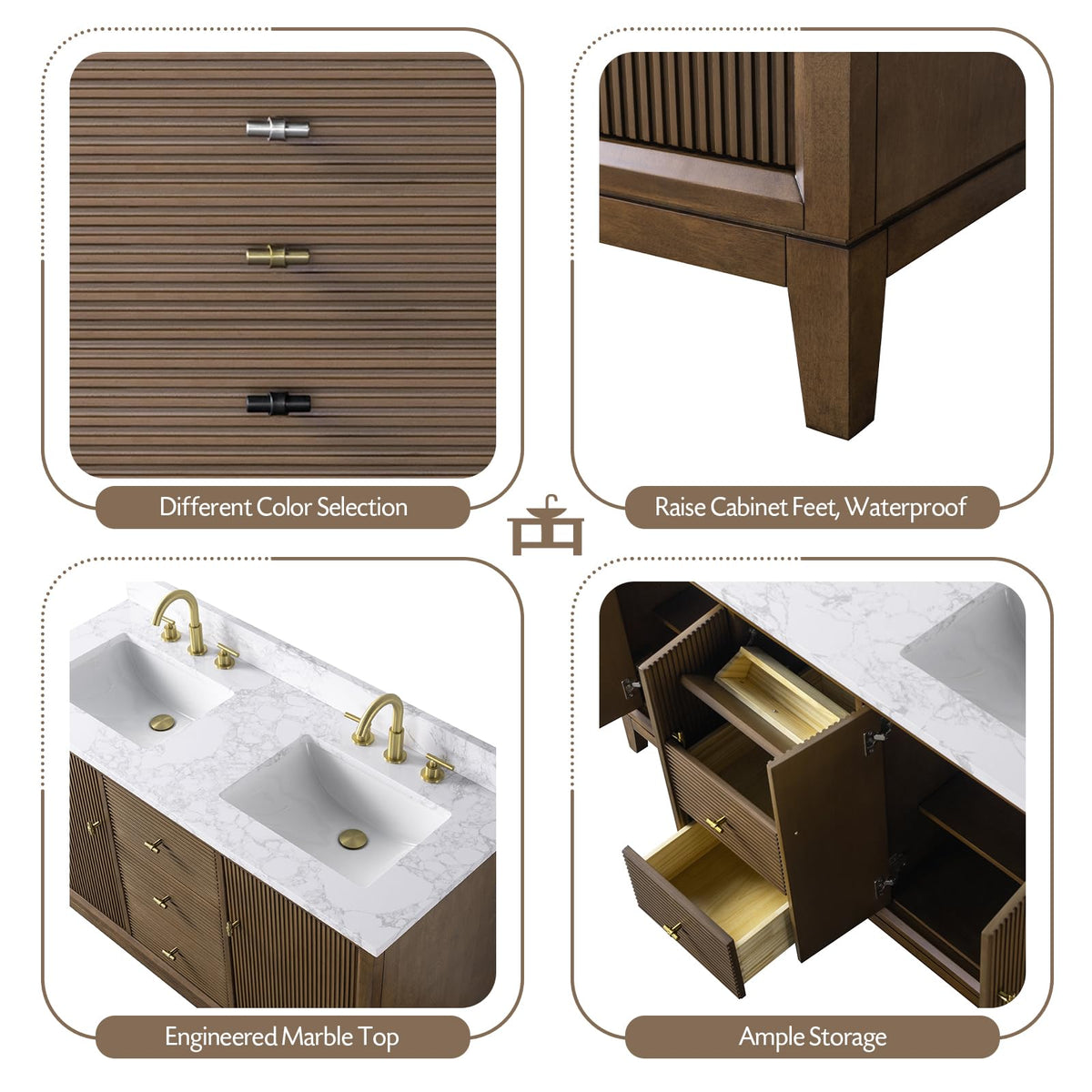 Vanity Art 72" Bathroom Vanity with Double Sink & Arabescato White Engineered Stone Top, Vanity Cabinet with Soft Closing Door, Solid Wood Frame, Golden Brushed Handles, Walnut VA8172D-Walnut-GB