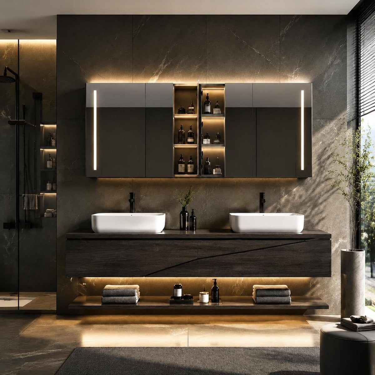 72 in Double Sink Floating Bathroom Vanity with LED Mirror Cabinet