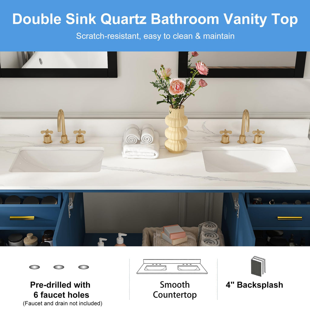 60" Bathroom Vanity Single Sink with 3 Hole, Sink Bathroom Vanity with Solid Wood Frame Storage,Soft Close Double Doors & 9 Sliding Drawers, with Gold Accents