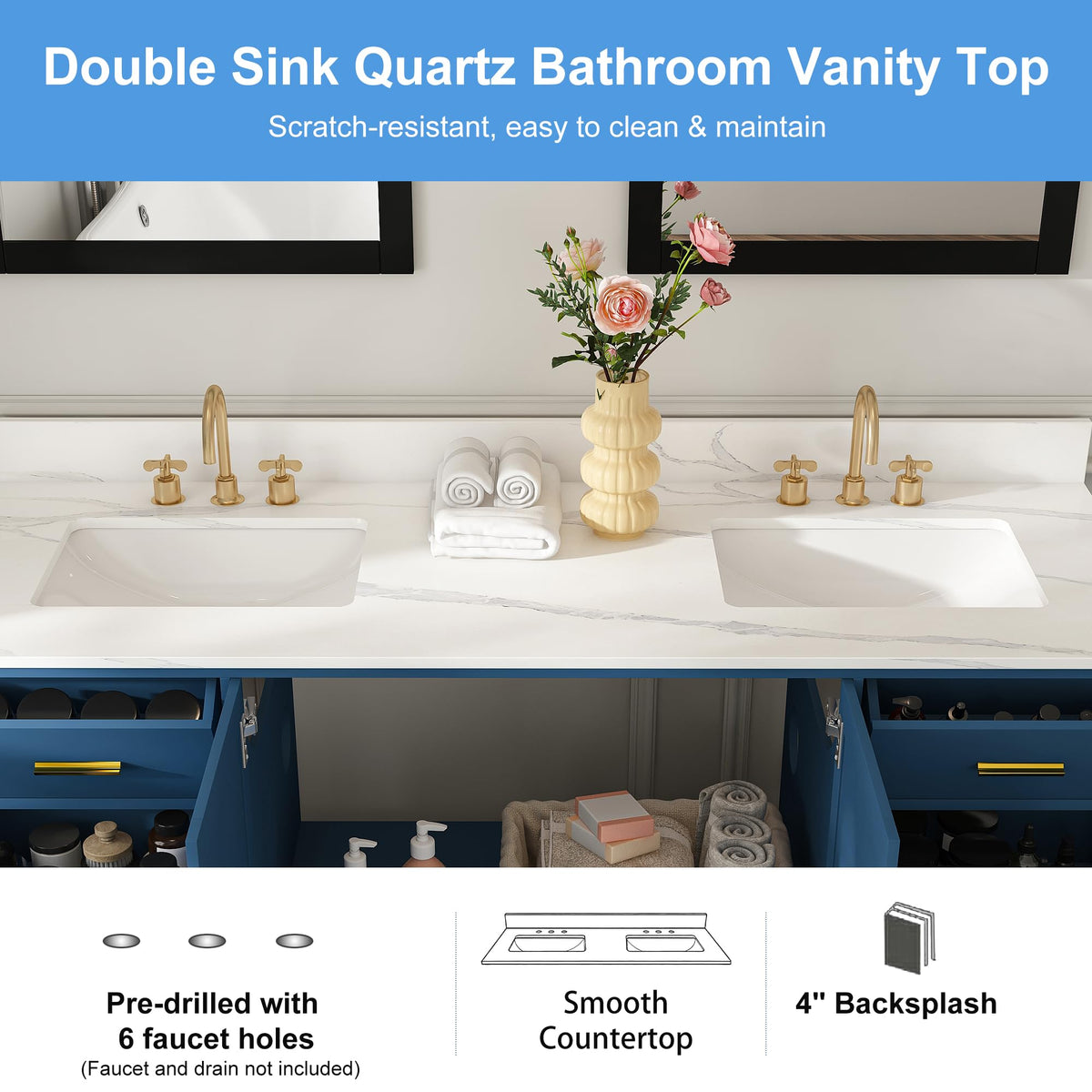 60" Bathroom Vanity Single Sink with 3 Hole, Sink Bathroom Vanity with Solid Wood Frame Storage,Soft Close Double Doors & 9 Sliding Drawers, with Gold Accents