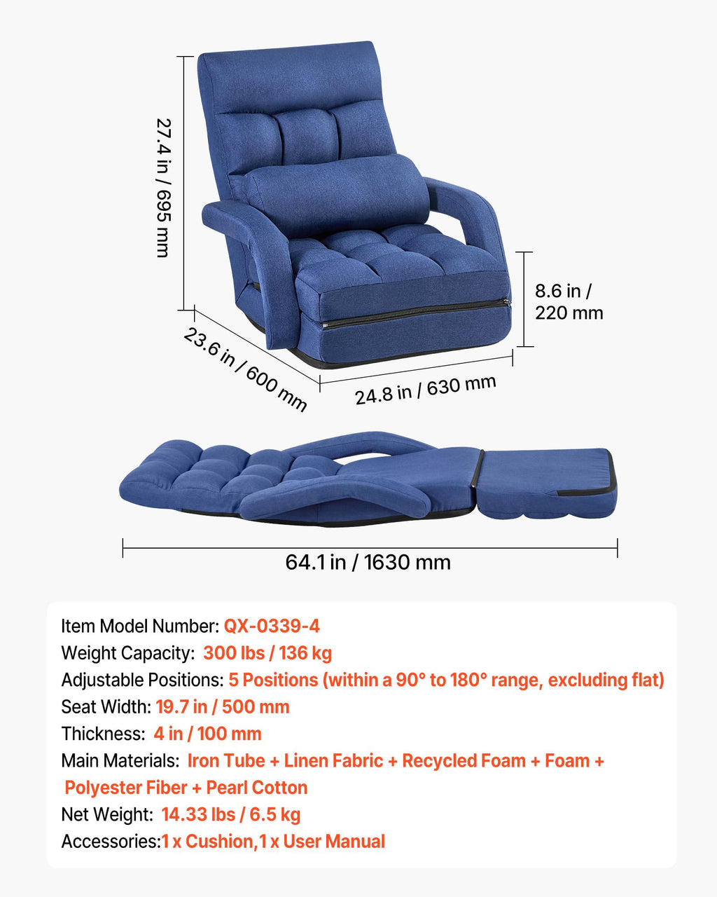VEVOR Floor Chair, Floor Gaming Chair with 5 Adjustable Position and Back Support, Folding Lounge Chair with Armrest for Adults, Sofa Lounger with Comfy Cushion for Living Room and Bedroom, Gray