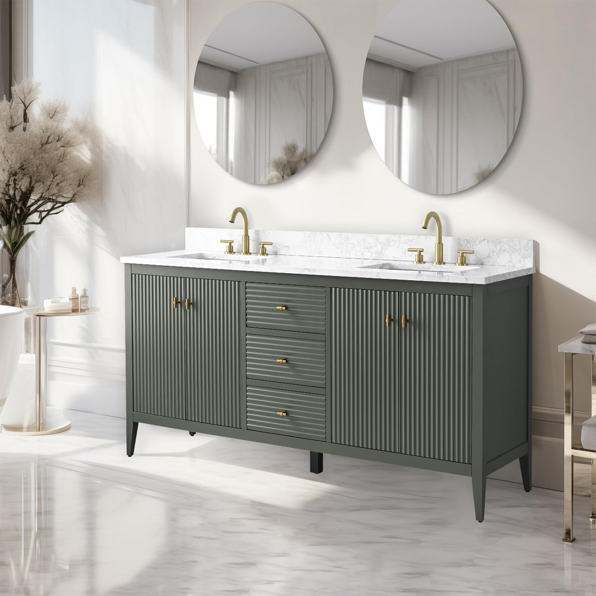 Vanity Art 84 inch Bathroom Vanity with Double Sink & Ceramic Top, Vanity Cabinet with Soft-Closing Door, Solid Wood Frame, Linear Pattern, Walnut, Golden Brushed Handware,Vintage Green