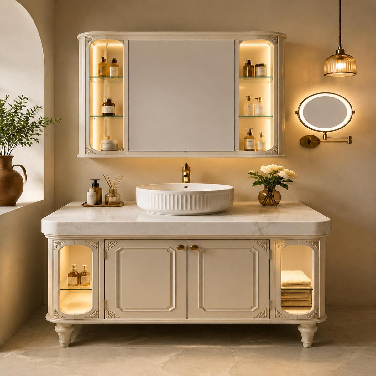 54 in Freestanding Single Sink Bathroom Vanity with LED Mirror Cabinet