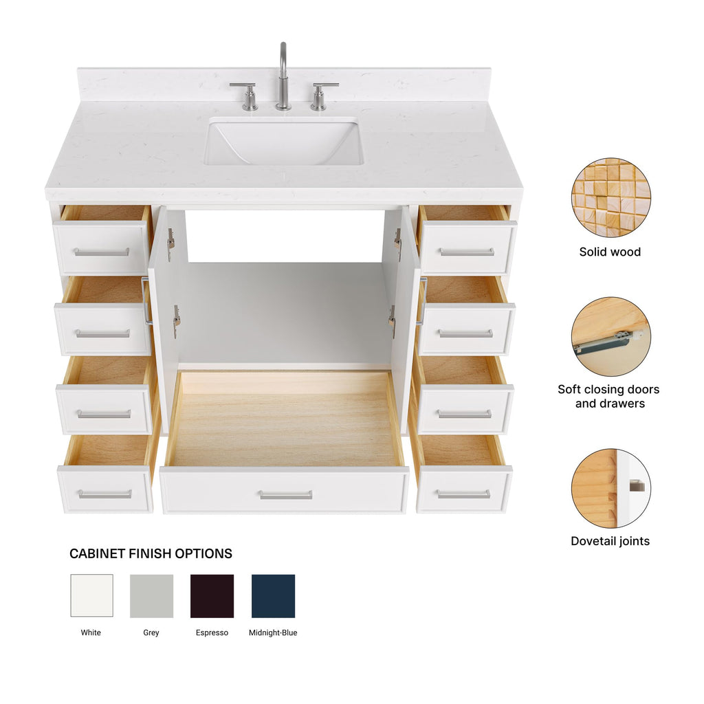DKB Emilia 48-Inch Bathroom Vanity with Sink â Midnight Blue Single Sink Bathroom Vanity, 1.5" Edge Carrara Quartz Countertop, Solid Wood, 2 Soft Closing Doors, 9 Dovetail Drawers