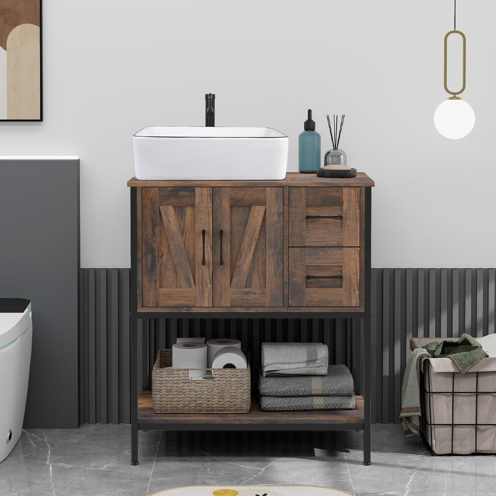 YOURLITE 36-Inch Farmhouse Bathroom Vanity with Vessel Sink, Rustic Brown