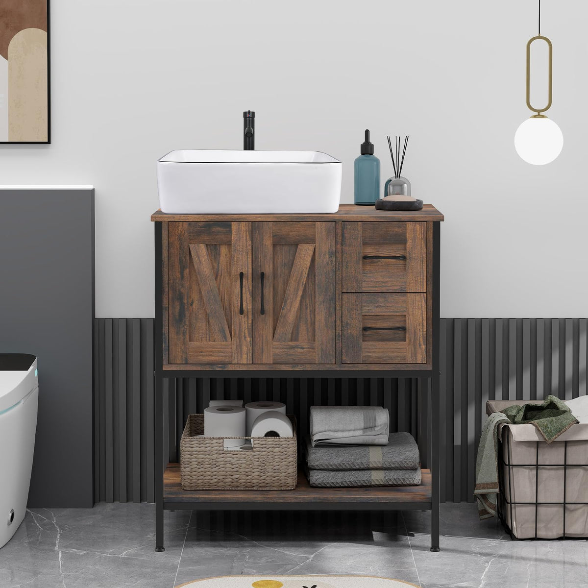 YOURLITE 36-Inch Farmhouse Bathroom Vanity with Vessel Sink, Rustic Brown