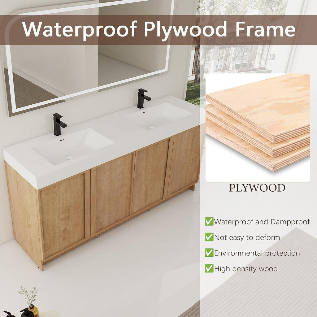 70" Double Sink Bathroom Vanity with Resin Basin, Faux Oak Finish