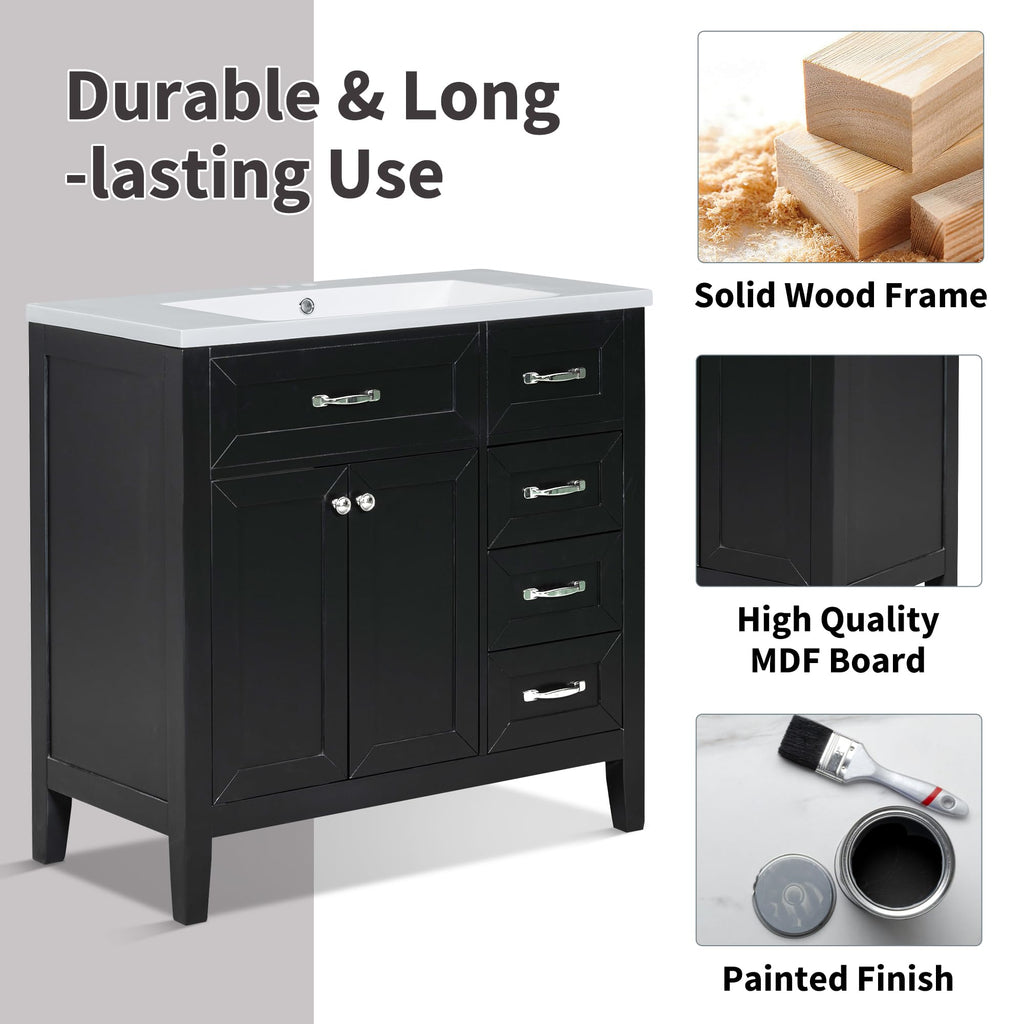 36 Inch Bathroom Vanities with Undermount Ceramic Sink, Storage Cabinet with Soft Closing Doors and Three Drawers, Solid Wood Frame, Natural Wood