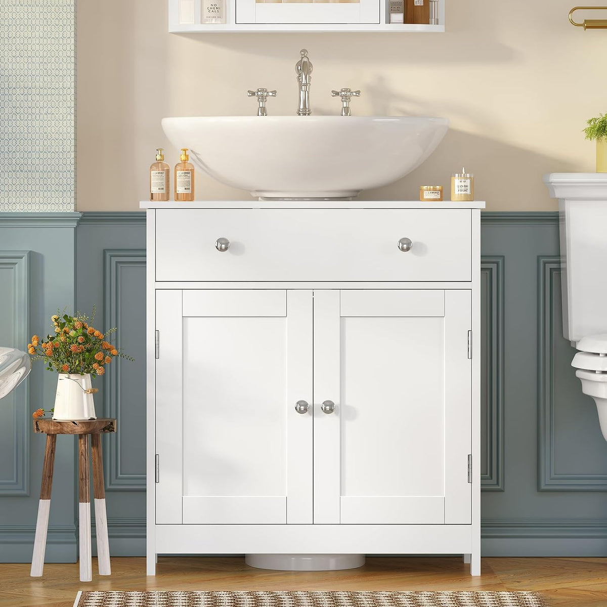 TEENFON Pedestal Sink Storage Cabinet with 2 Doorsand Drawer, Bathroom Sink Cabinet, Under Sink Storage with U-Shape Cut-Out, White