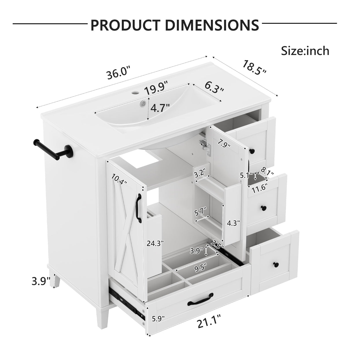 YOPTO 20" Bathroom Vanity with Ceramic Sink, French Style, Black