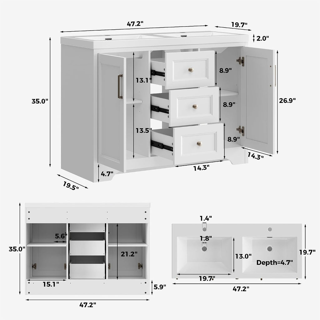 LIKIMIO 47.2" Bathroom Vanity with Sink, 3 Drawers & 2 Doors, White