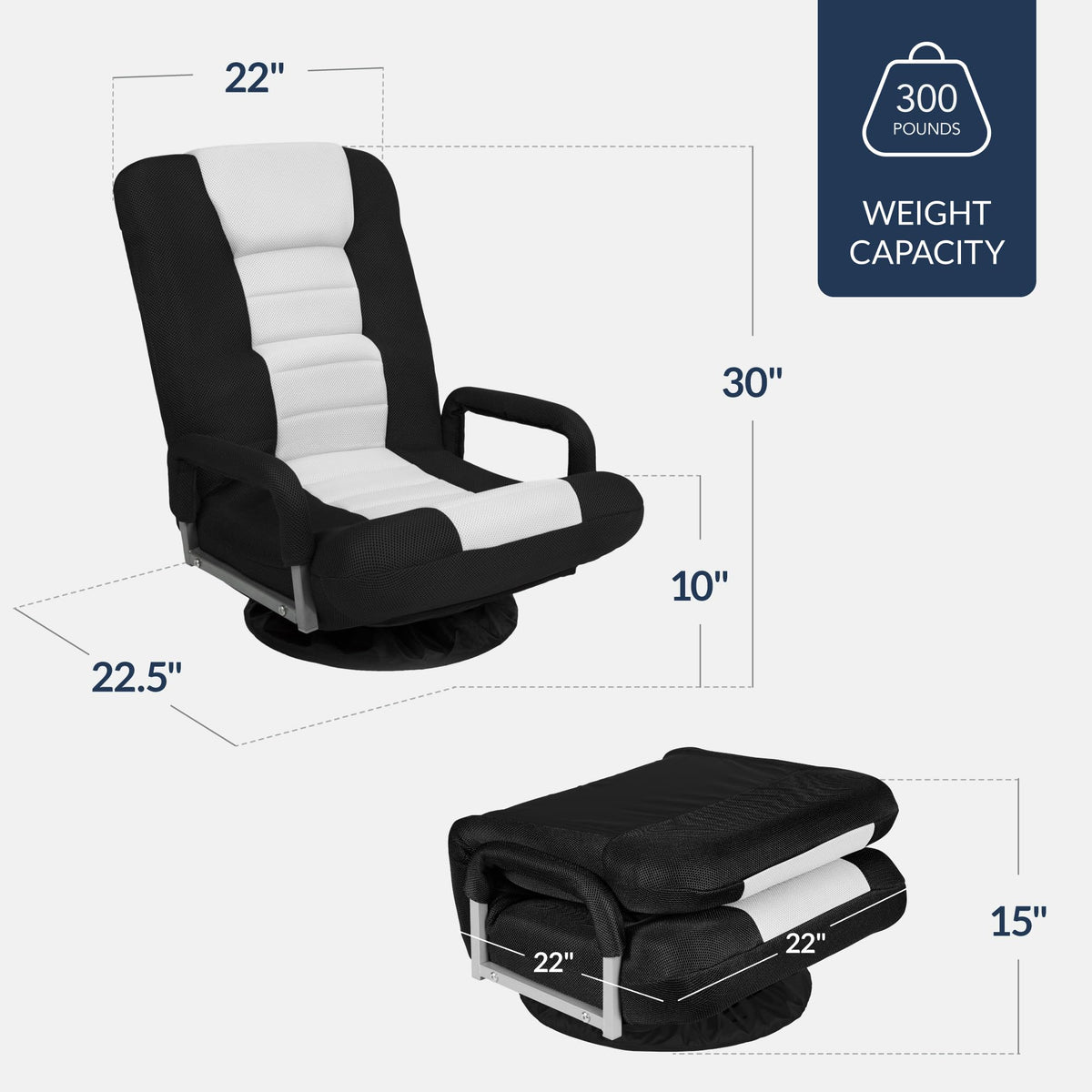 Best Choice Products Swivel Gaming Chair 360 Degree Multipurpose Floor Chair Rocker for TV, Reading, Playing Video Games w/Lumbar Support, Armrest Handles, Adjustable Foldable Backrest - Black/Black