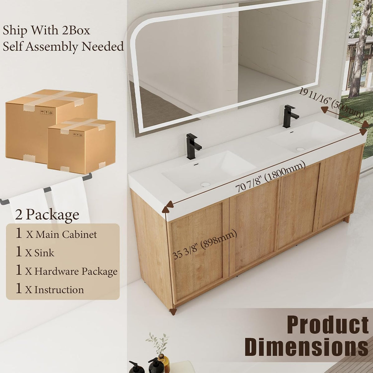 70" Double Sink Bathroom Vanity with Resin Basin, Faux Oak Finish