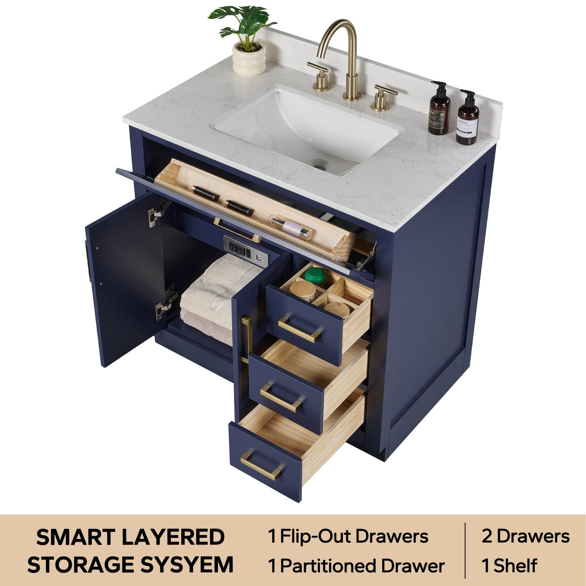 48-inch Dark Walnut Bathroom Vanity with Sink, Solid Wood, 0.79-inch Stone Countertop and Backsplash, 9 Drawers, 2 Soft Closing Doors