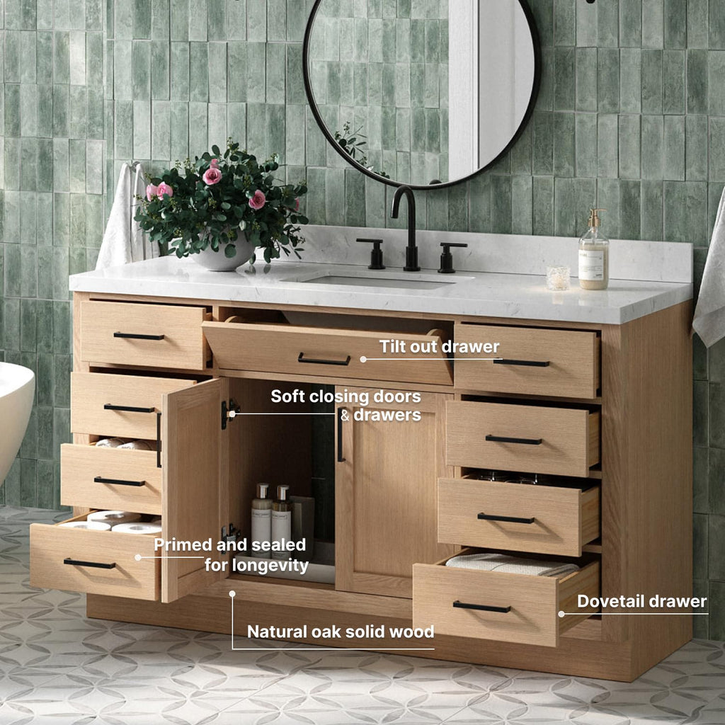 ARIEL Hepburn 60-inch Bathroom Vanity with Sink,Solid Wood, 1.5-inch Carrara White Quartz Countertop & Backsplash, Single Rectangular Porcelain Sink, 2 Soft Closing Doors, 9 Dovetail Drawers, Black