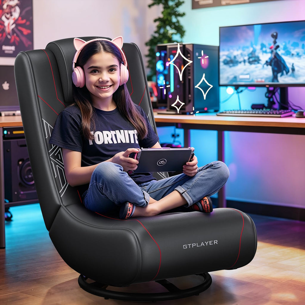 GTPLAYER Floor Gaming Chair Foldable Swivel Floor Chairs for Kids Boys Comfy Video Game Seat with 360Â° Multipurpose for Gamers, Bedroom or Game Room(Black-Blue)