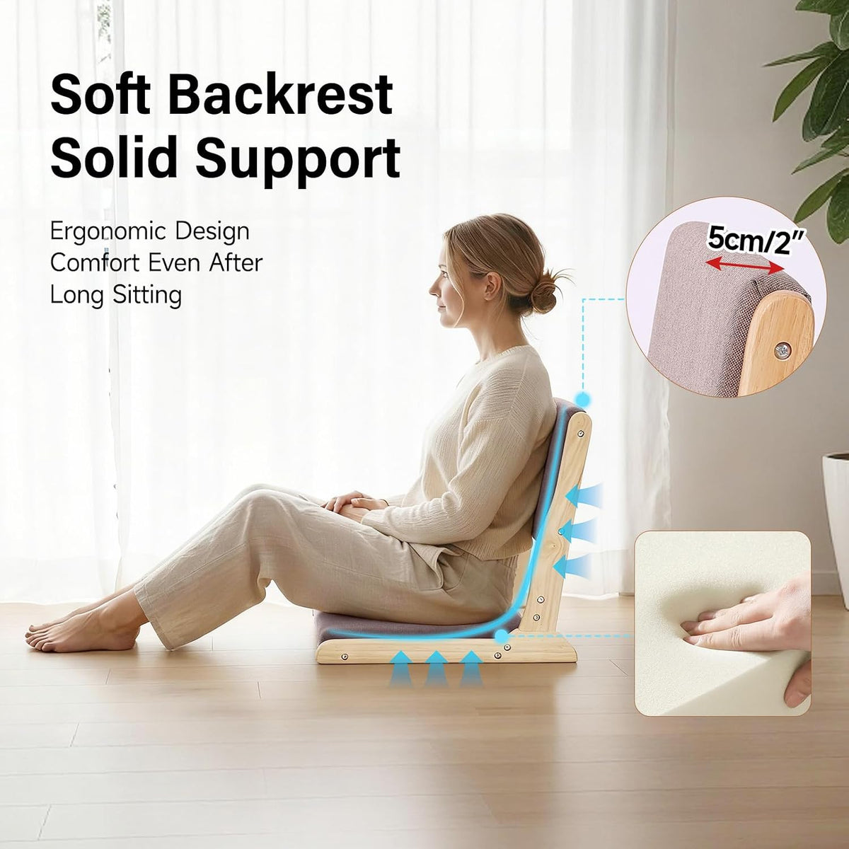 Tiita 2-Pack Foldable Meditation Floor Chairs with Back Support, Wood Grey