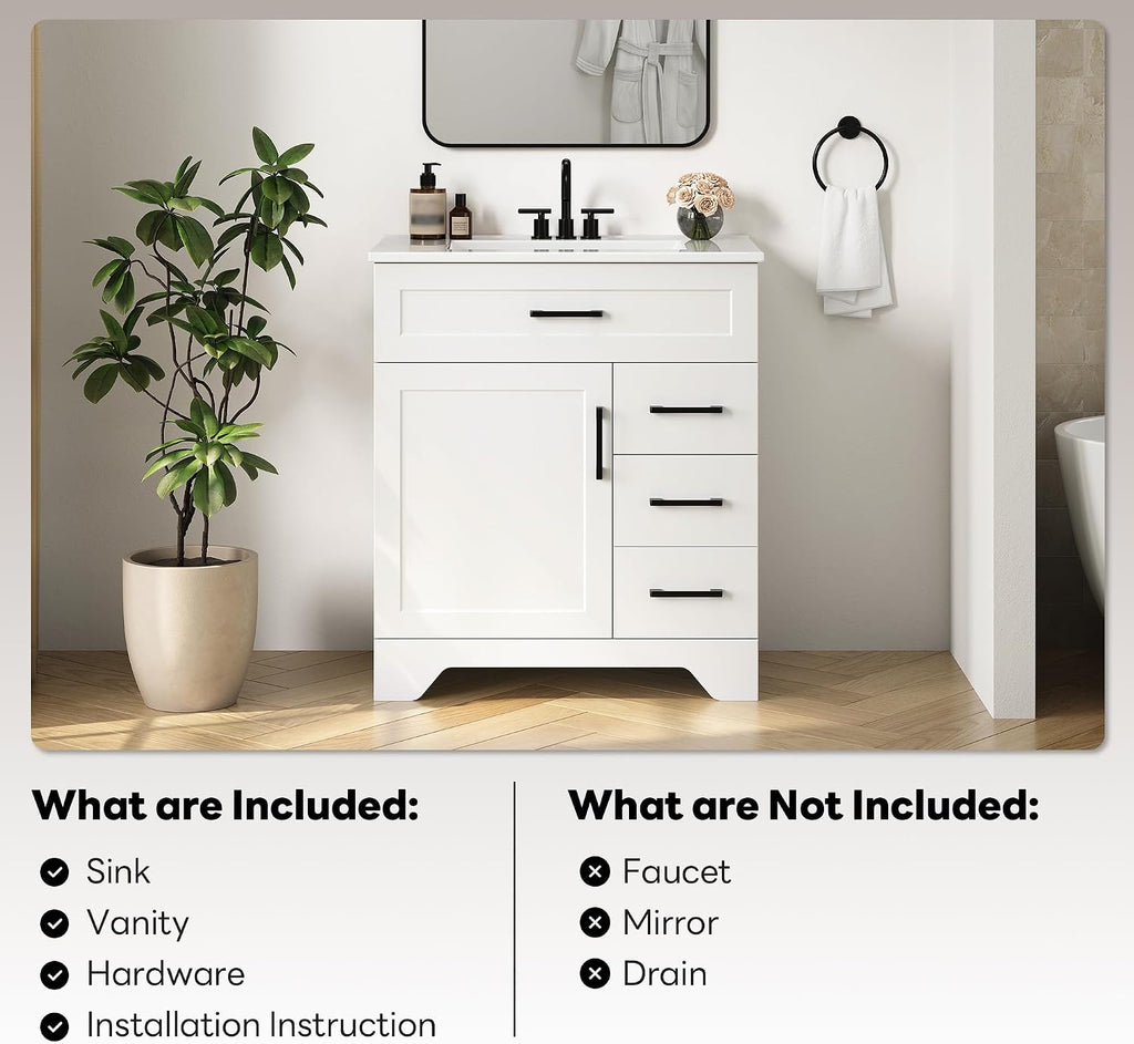 LIKIMIO 30" Bathroom Vanity with Sink, Tip-Out Drawer & 2 Drawers, 1 Door