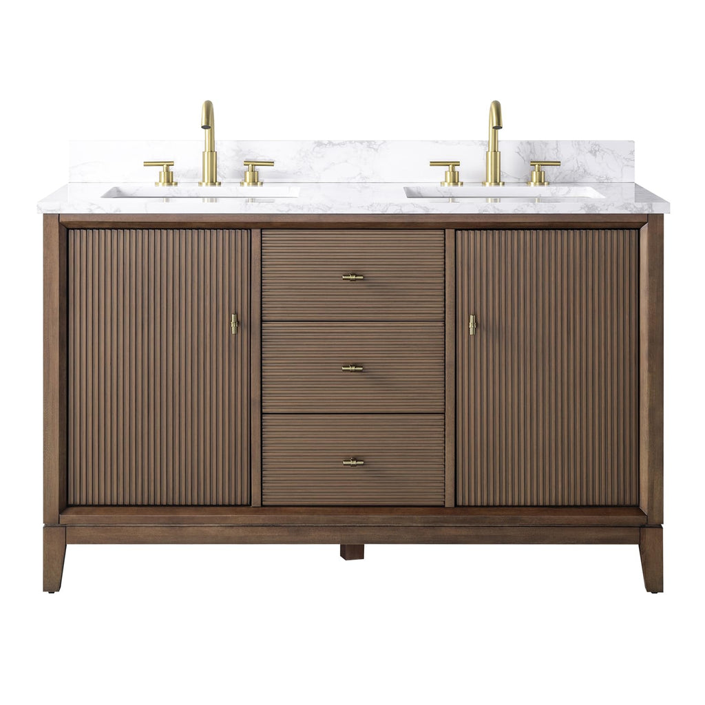 Vanity Art 72" Bathroom Vanity with Double Sink & Arabescato White Engineered Stone Top, Vanity Cabinet with Soft Closing Door, Solid Wood Frame, Golden Brushed Handles, Walnut VA8172D-Walnut-GB