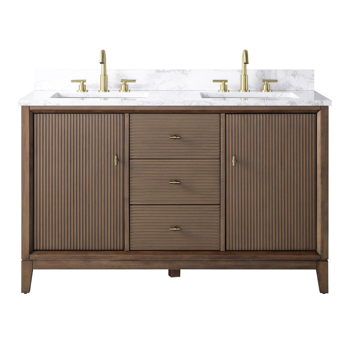 Vanity Art 72" Bathroom Vanity with Double Sink & Arabescato White Engineered Stone Top, Vanity Cabinet with Soft Closing Door, Solid Wood Frame, Golden Brushed Handles, Walnut VA8172D-Walnut-GB