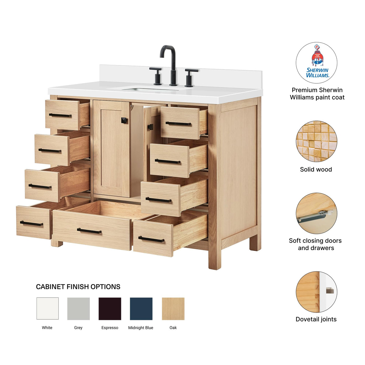 DKB Beckford 42-Inch White Bathroom Vanity with Sink, Solid Wood Base Cabinet, 1.5" White Quartz Countertop, Rectangular Sink, 2 Soft Closing Doors, 9 Drawers