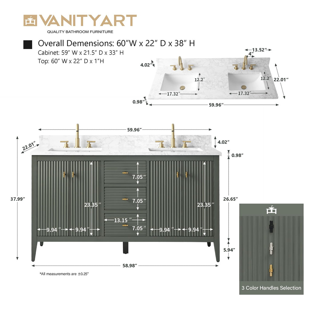 Vanity Art 84 inch Bathroom Vanity with Double Sink & Ceramic Top, Vanity Cabinet with Soft-Closing Door, Solid Wood Frame, Linear Pattern, Walnut, Golden Brushed Handware,Vintage Green