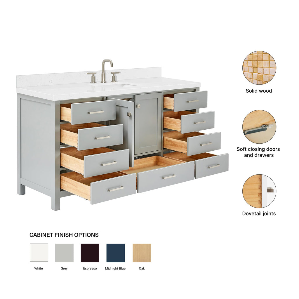 ARIEL Cambridge 66-inch Bathroom Vanity with Sink,Solid Wood, 1.5-inch Italian Carrara Marble Countertop, Single Rectangular Porcelain Sink, 2 Soft Closing Doors, 9 Dovetail Drawers, Midnight Blue