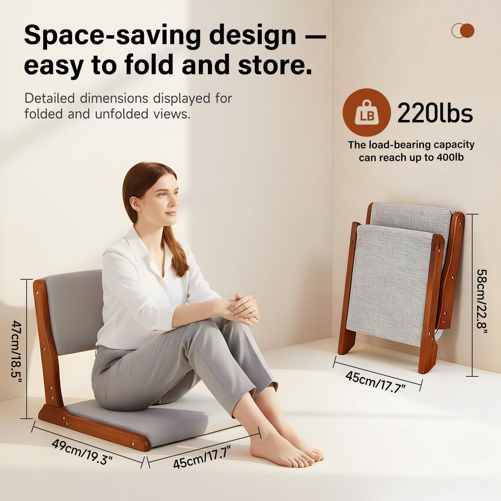 Tiita 2-Pack Foldable Meditation Floor Chairs with Back Support, Wood Grey