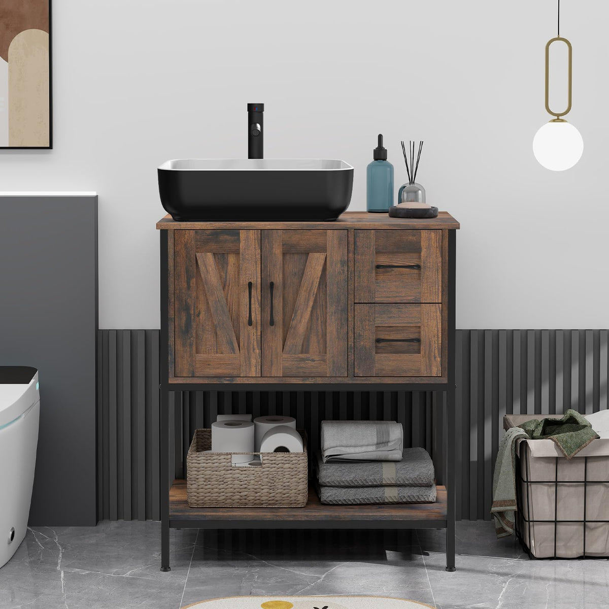 YOURLITE 36-Inch Farmhouse Bathroom Vanity with Vessel Sink, Rustic Brown