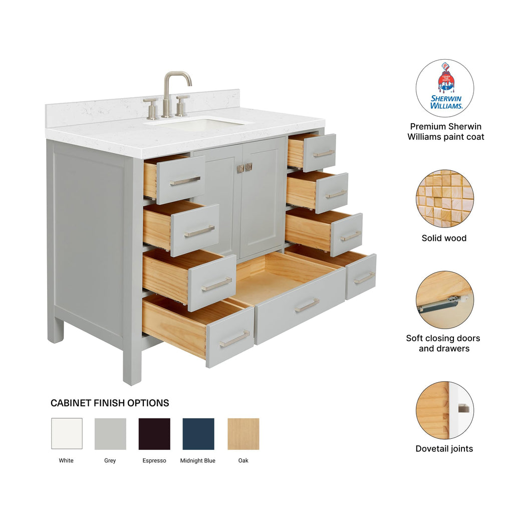 DKB Emilia 48-Inch Bathroom Vanity with Sink â Midnight Blue Single Sink Bathroom Vanity, 1.5" Edge Carrara Quartz Countertop, Solid Wood, 2 Soft Closing Doors, 9 Dovetail Drawers