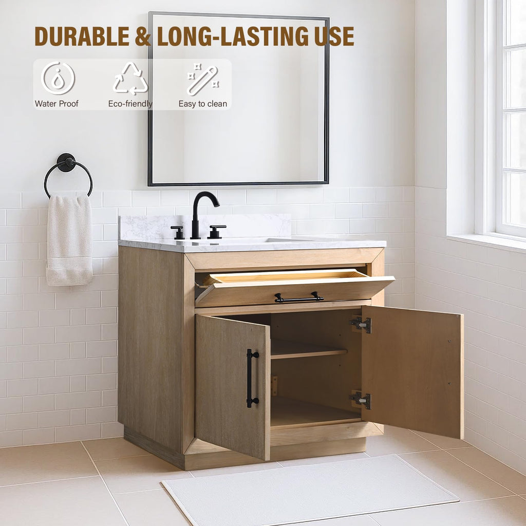 HOMEBEYOND 72" Bathroom Vanity with Double Sink & Ceramic Top, MDF Material Vanity Cabinet with Basin Combo, Soft-Closing Doors, Removable Shelf, Backsplash, Tan