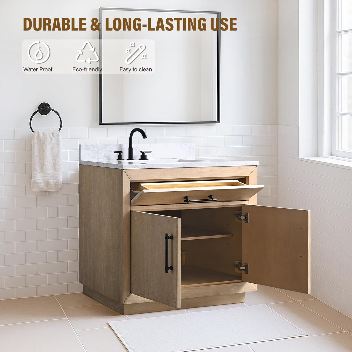 HOMEBEYOND 72" Bathroom Vanity with Double Sink & Ceramic Top, MDF Material Vanity Cabinet with Basin Combo, Soft-Closing Doors, Removable Shelf, Backsplash, Tan
