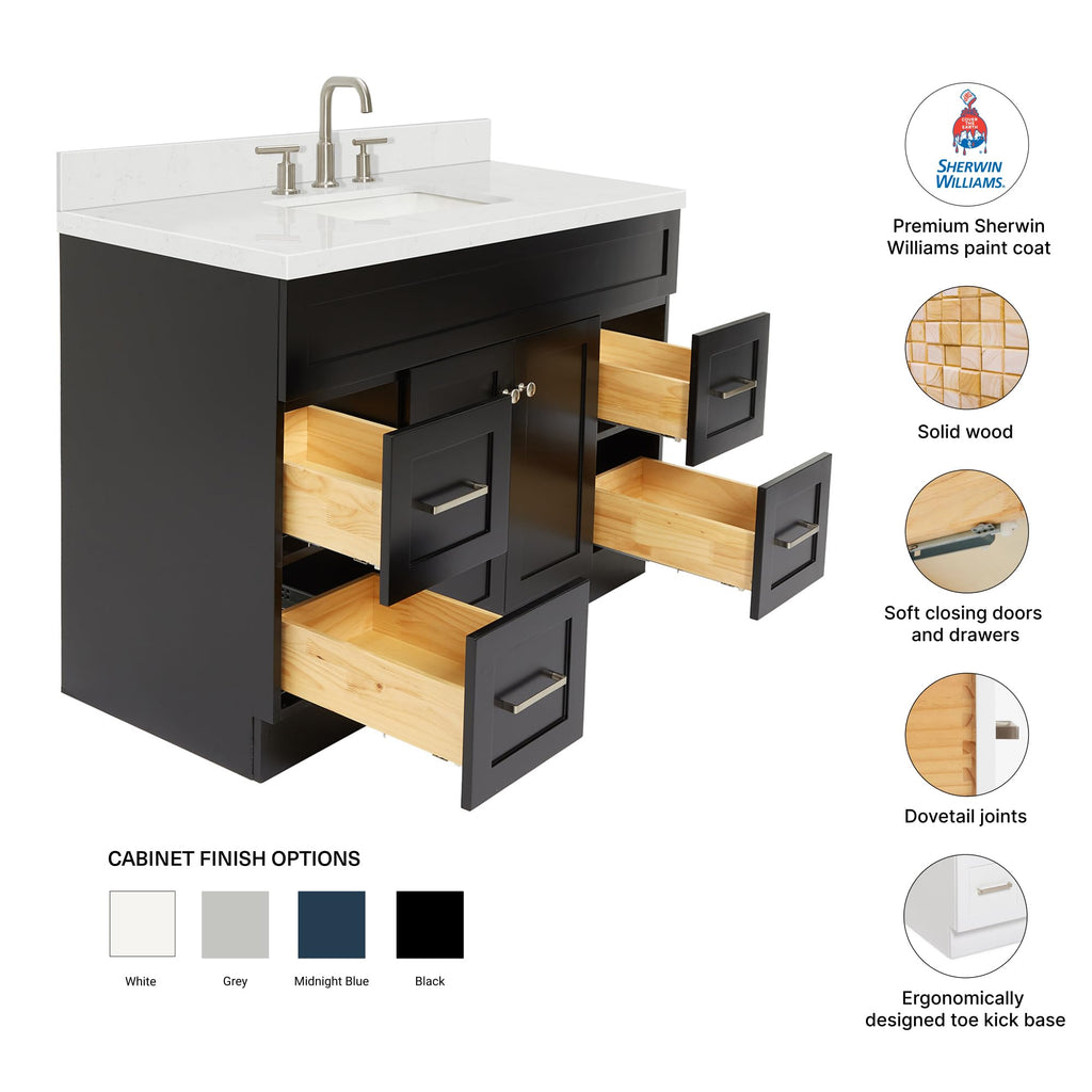 DKB Emilia 48-Inch Bathroom Vanity with Sink â Midnight Blue Single Sink Bathroom Vanity, 1.5" Edge Carrara Quartz Countertop, Solid Wood, 2 Soft Closing Doors, 9 Dovetail Drawers