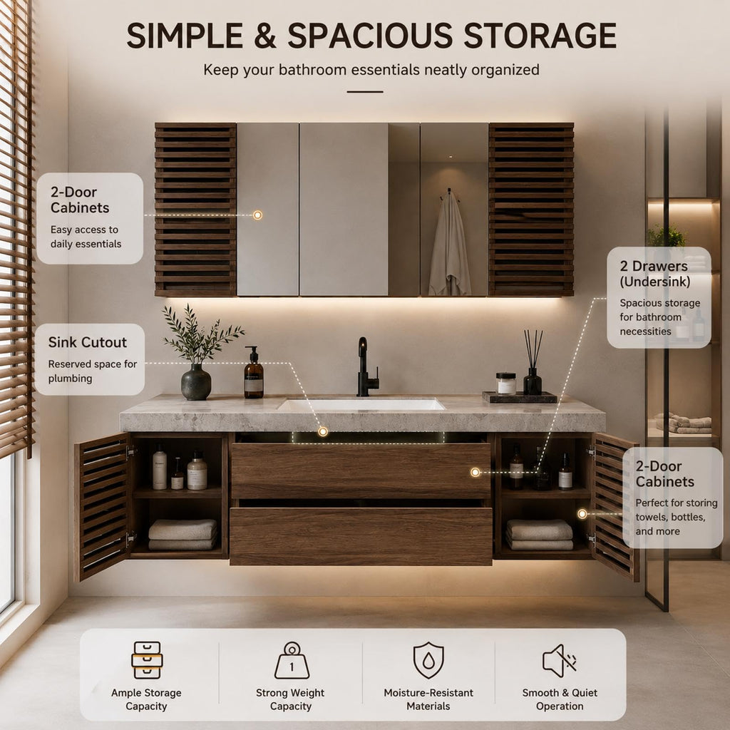 68 IN Floating Single Sink Bathroom Vanity Set with LED Mirror Cabinet