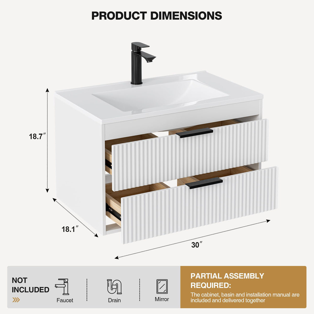 24 Inches Modern MDF Bathroom Vanity with Sink, Wall Mounted Floating Cabinets w/Double Drawers, Black Handles, White Resin Sink Combo Set (Black, 24")
