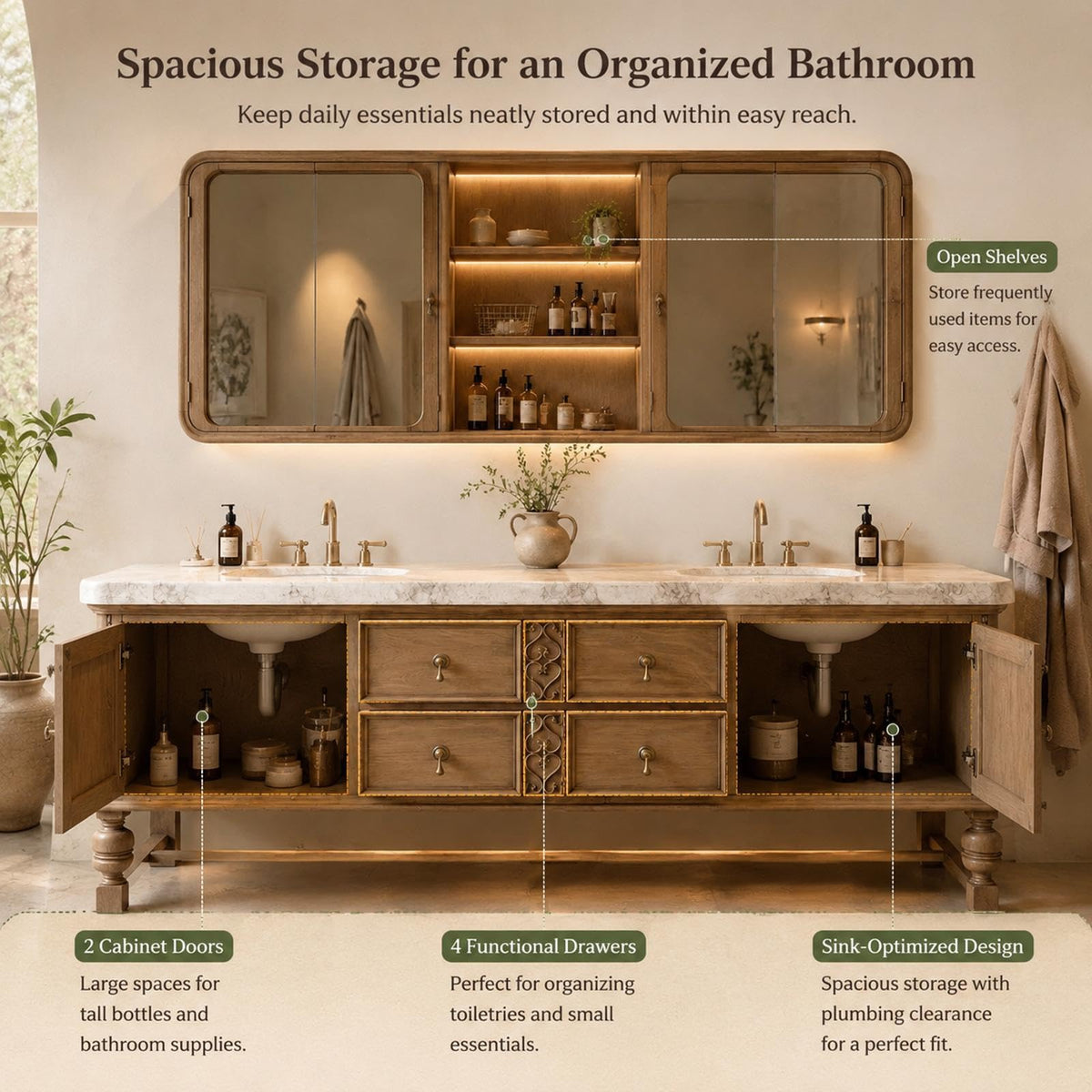 72 in Freestanding Double-Sink Bathroom Vanity with Mirror Cabinet