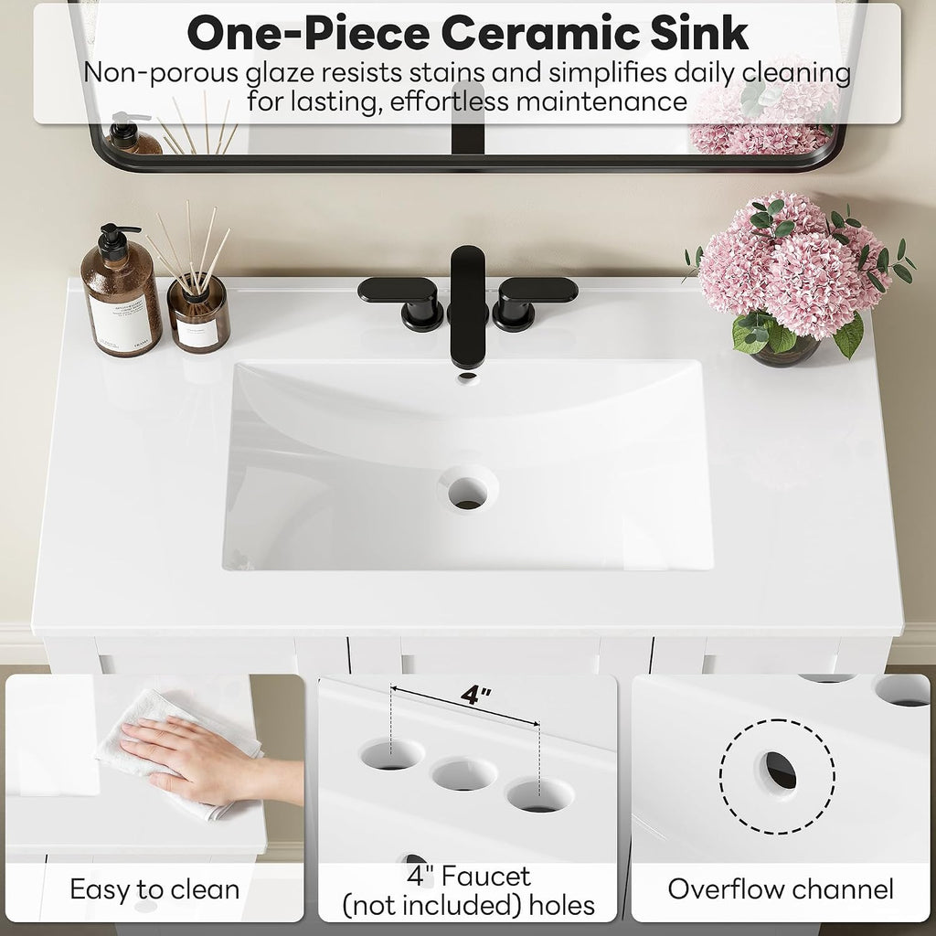 LIKIMIO 36" Bathroom Vanity with Sink, 2 Soft-Close Drawers & Doors, White