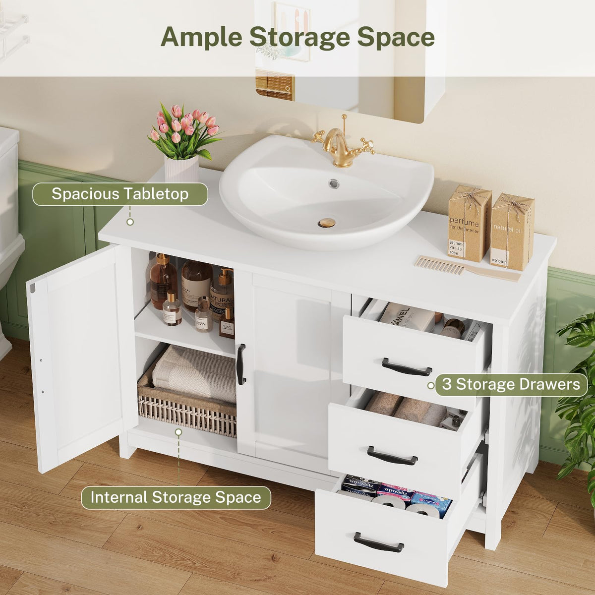 TEENFON Pedestal Sink Storage Cabinet with 2 Doorsand Drawer, Bathroom Sink Cabinet, Under Sink Storage with U-Shape Cut-Out, White