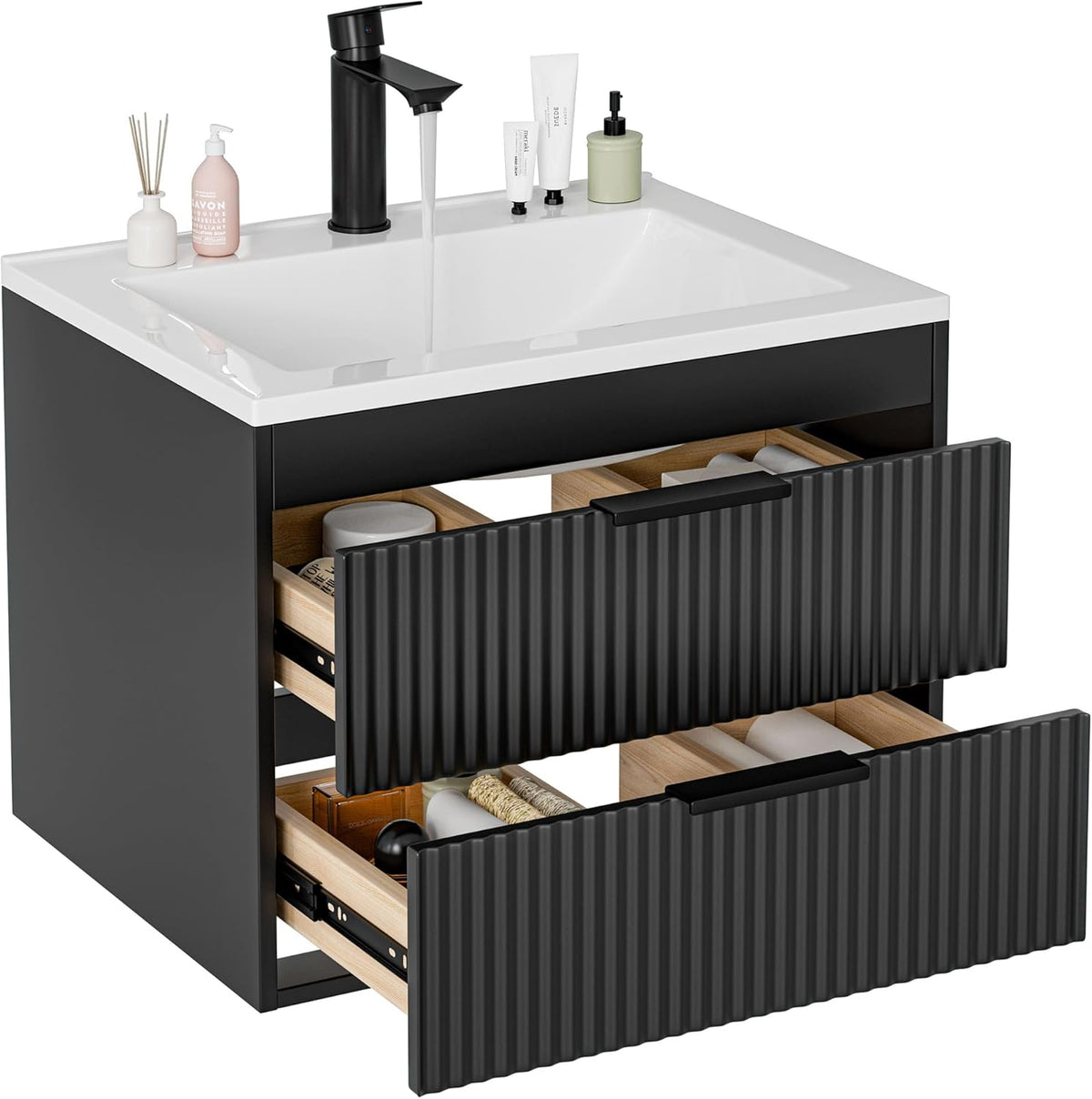 24 Inches Modern MDF Bathroom Vanity with Sink, Wall Mounted Floating Cabinets w/Double Drawers, Black Handles, White Resin Sink Combo Set (Black, 24")