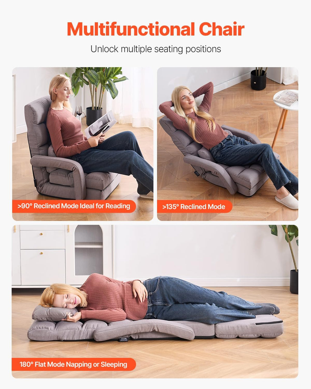 VEVOR Floor Chair, Floor Gaming Chair with 5 Adjustable Position and Back Support, Folding Lounge Chair with Armrest for Adults, Sofa Lounger with Comfy Cushion for Living Room and Bedroom, Gray