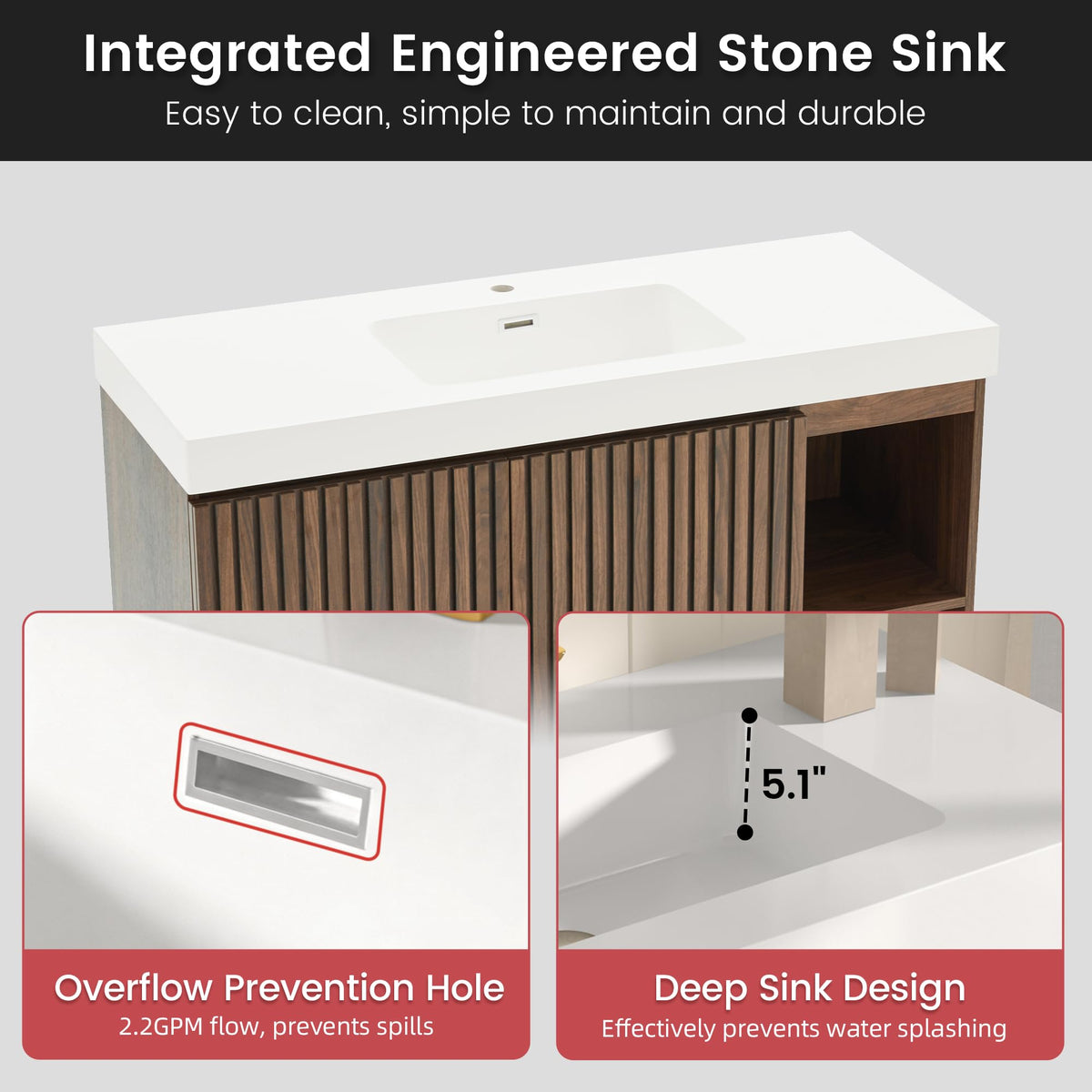 36â Modern Bathroom Vanity with Black Sink, Smoked Brown