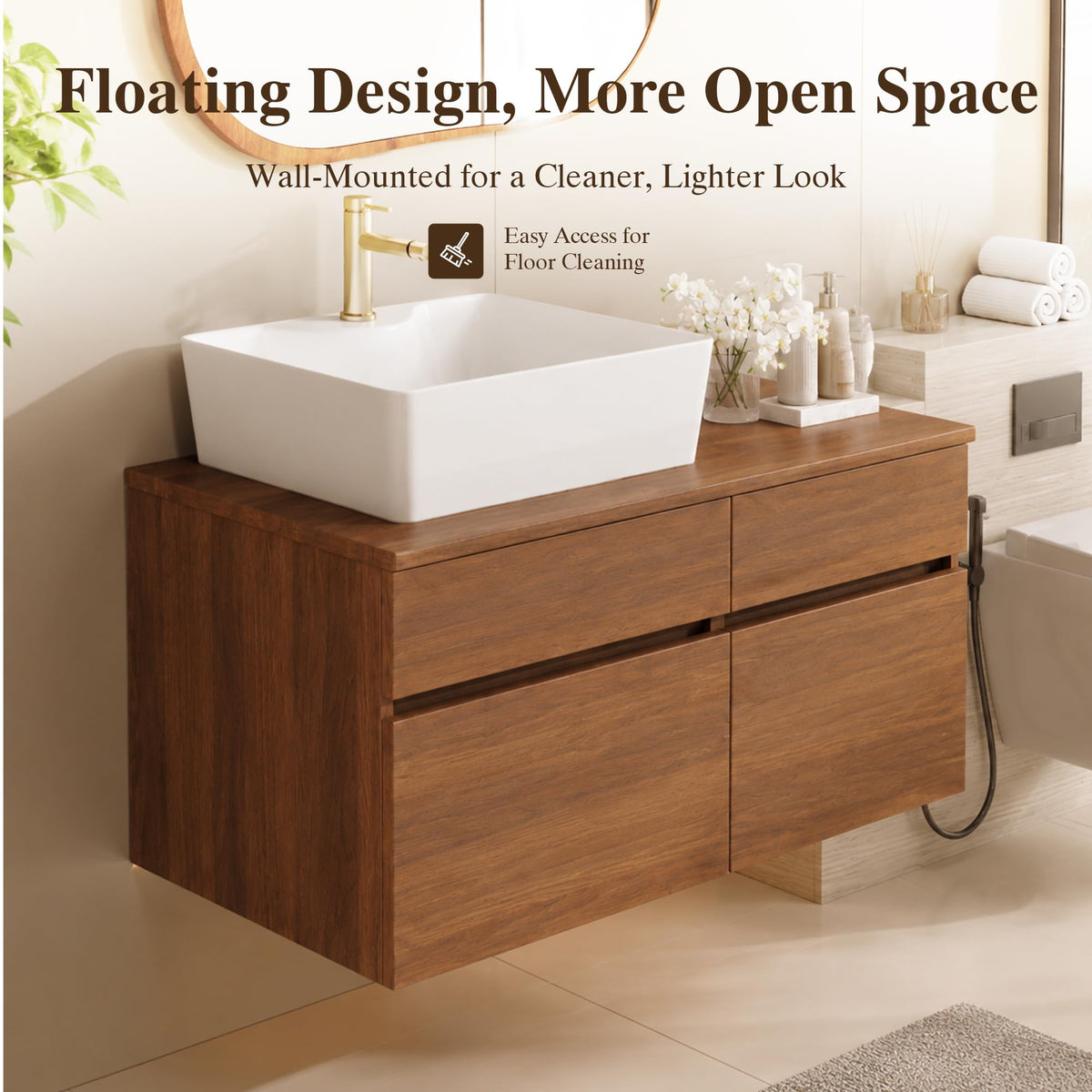 36 Inch Bathroom Vanity with Sink, Black Floating Wall Mounted Vanity