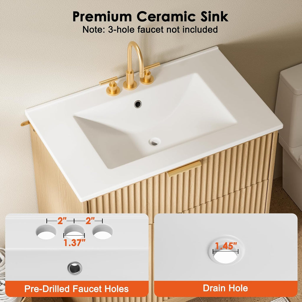 Amada 30 inch Bathroom Vanity with Ceramic Sink and Storage, Natural Oak