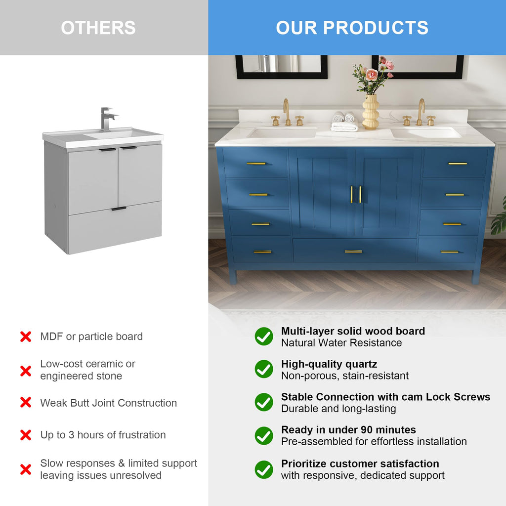 60" Bathroom Vanity Single Sink with 3 Hole, Sink Bathroom Vanity with Solid Wood Frame Storage,Soft Close Double Doors & 9 Sliding Drawers, with Gold Accents