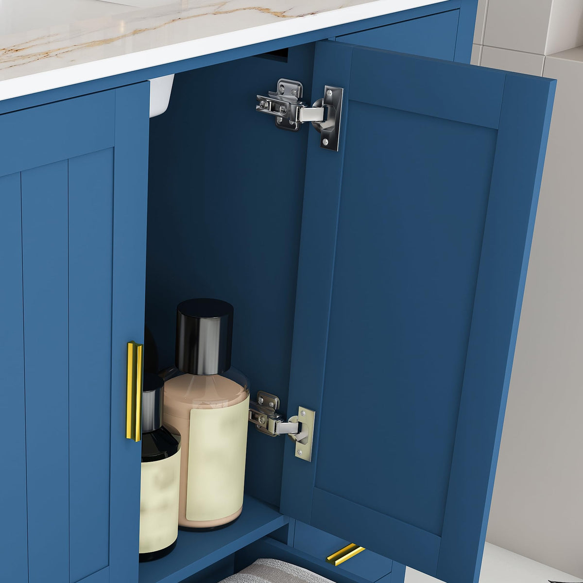 60" Bathroom Vanity Single Sink with 3 Hole, Sink Bathroom Vanity with Solid Wood Frame Storage,Soft Close Double Doors & 9 Sliding Drawers, with Gold Accents