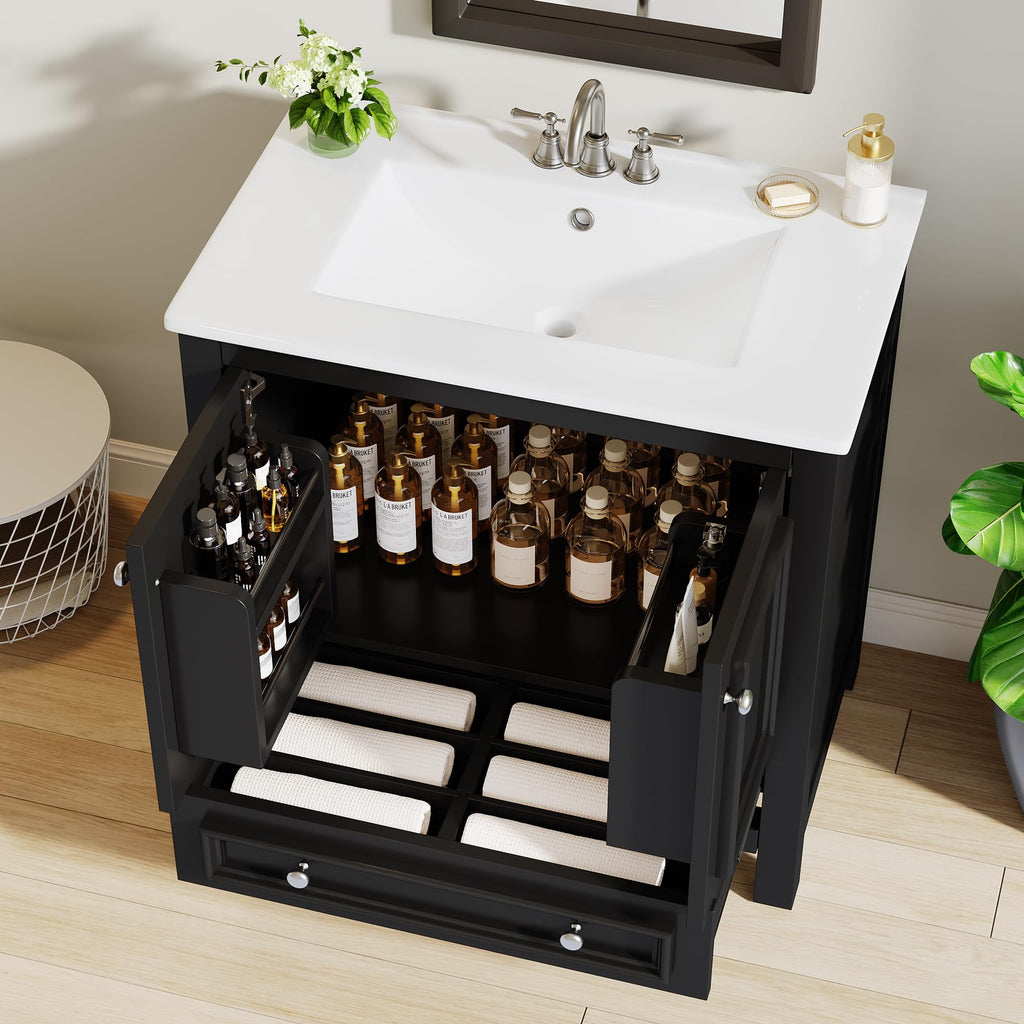 Tribesigns 30" Bathroom Vanity with Sink, Freestanding Bathroom Vanities Cabinet with Ceramic Basin Combo, Bathroom Sink Cabinet with 2 Doors and 1 Drawer, Solid Wooden Frame (Navy Blue, 30 INCH)