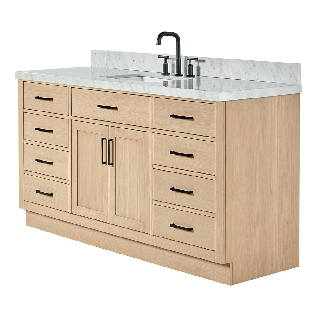 ARIEL Hepburn 66-inch Bathroom Vanity with Sink,Solid Wood, 1.5-inch Pure White Quartz Countertop & Backsplash, Single Rectangular Porcelain Sink, 2 Soft Closing Doors, 9 Dovetail Drawers, White