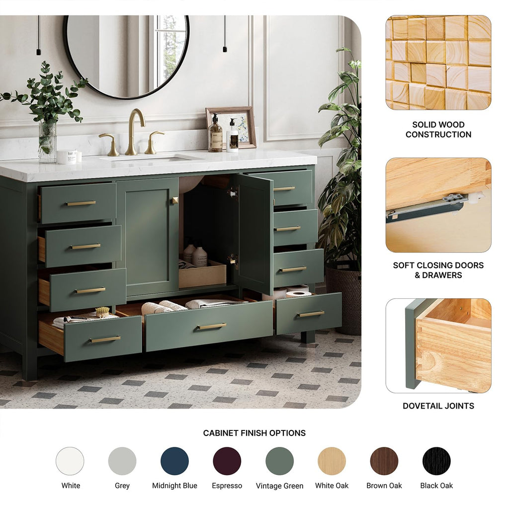 DKB Isabella 60 Inch Bathroom Vanity Single Sink â White Bathroom Vanity with Sink, 1.5" Edge Carrara White Quartz Countertop, Solid Wood, 2 Soft-Close Doors, 8 Dovetail Drawers + Tilt Drawer