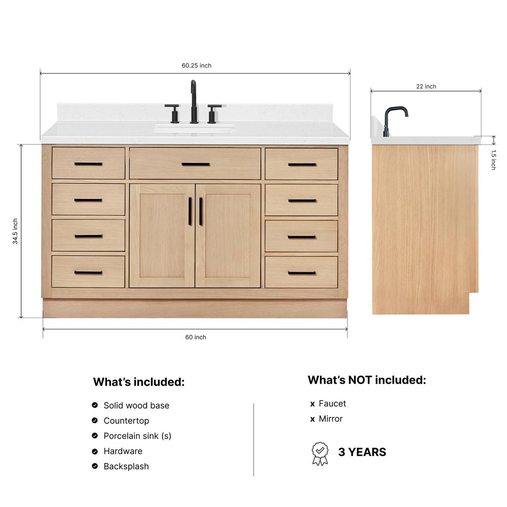 ARIEL Hepburn 60-inch Bathroom Vanity with Sink,Solid Wood, 1.5-inch Carrara White Quartz Countertop & Backsplash, Single Rectangular Porcelain Sink, 2 Soft Closing Doors, 9 Dovetail Drawers, Black